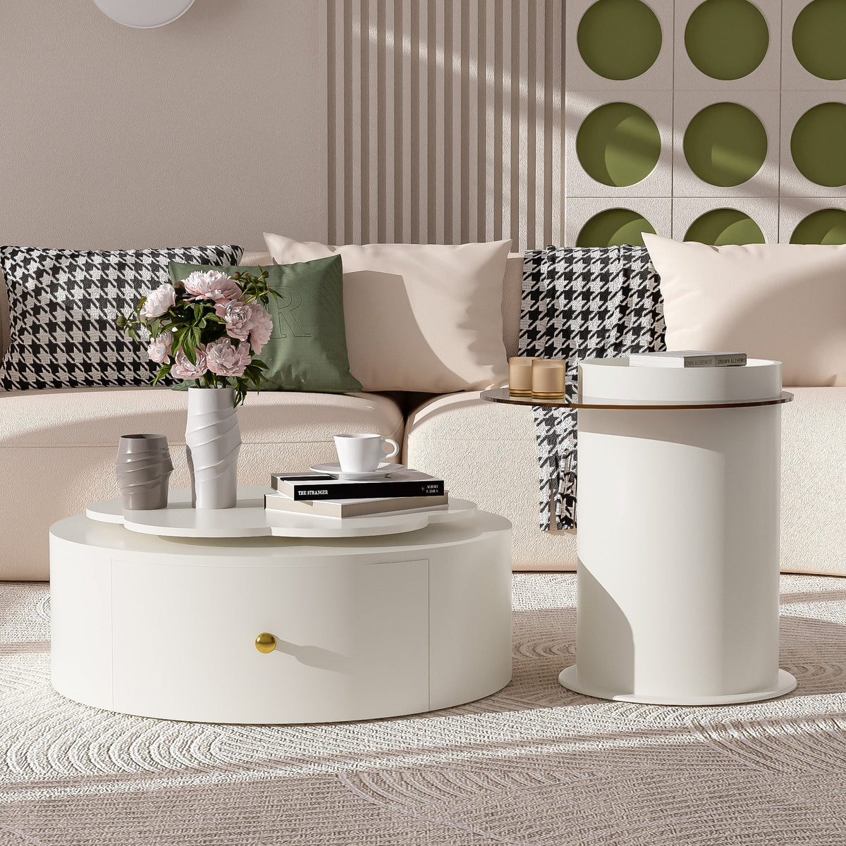 Roomfitters Rotatable Round Coffee Table Set of 2 with Flower-Shaped Top and Glass End Table, Off White Roomfitters
