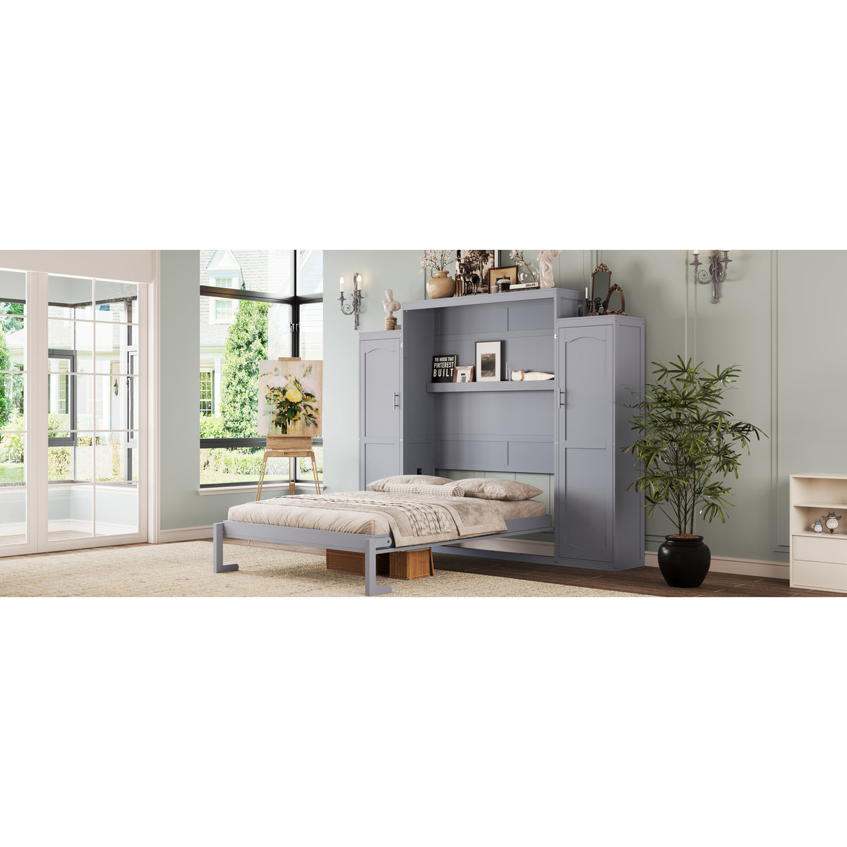 variant-group:rf-n733s235627e|Roomfitters Queen Murphy Wall Bed with Two Wardrobes and Storage Shelf, Foldable Platform Bed Frame for Guest Room, Gray