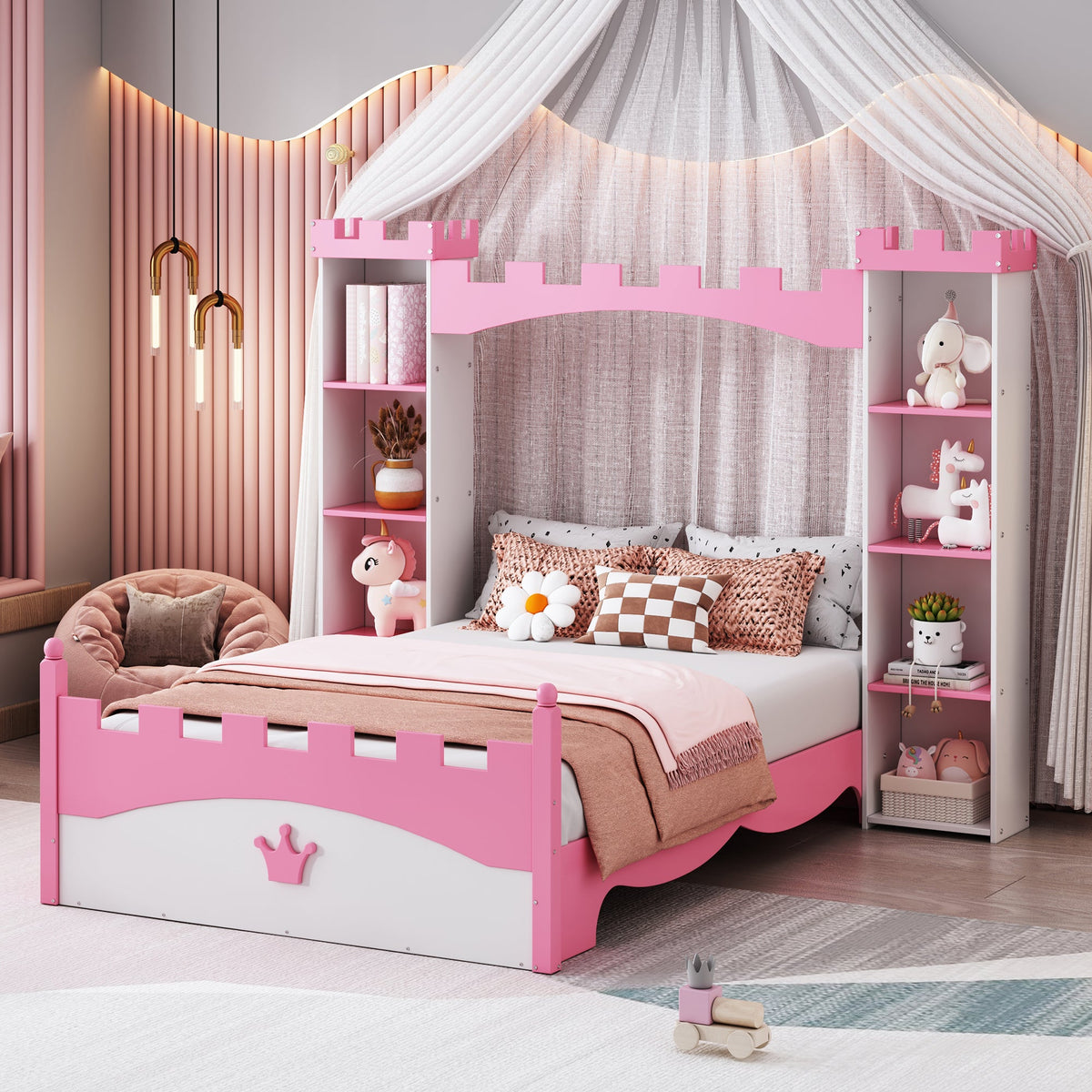 Roomfitters Castle-Shaped Wooden Bed with Storage Shelf, Dreamy Twin Size Platform Bed with Charming Aesthetic, White+Pink