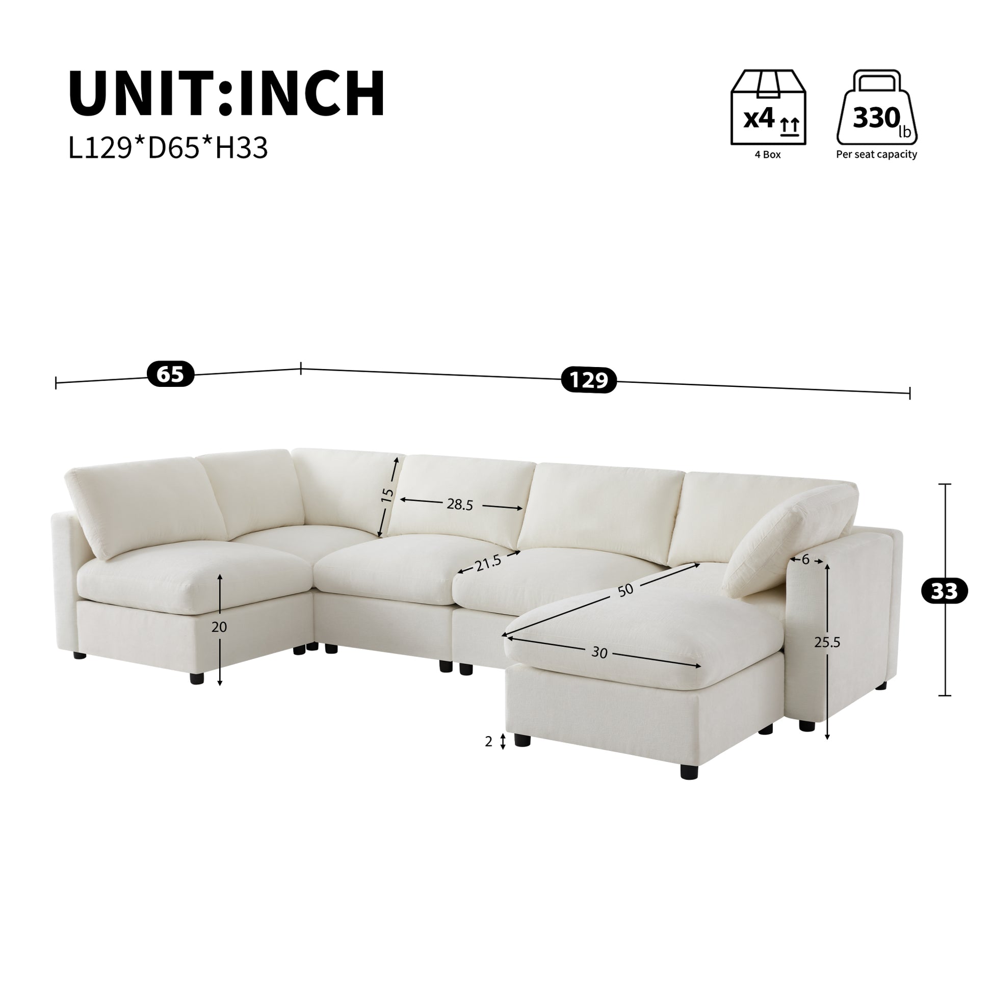 variant-group:rf-n723s9792a|Roomfitters 129 Inch Oversized U-Shaped Modular Sectional Sofa, Large Upholstered Living Room Seating Couch Furniture, White