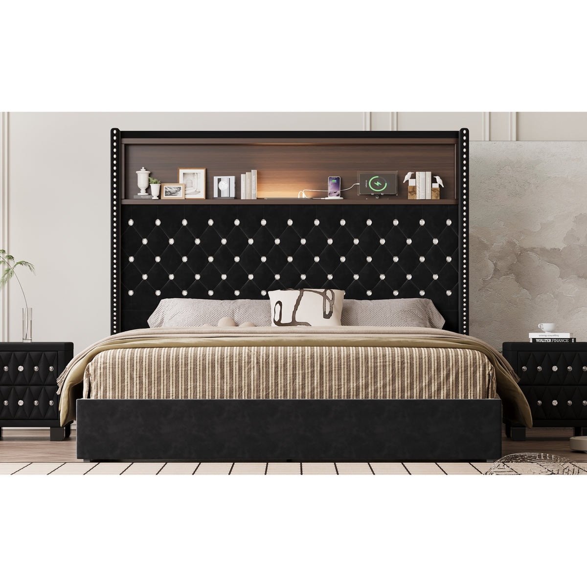 variant-group:rf-n733p367135b|Roomfitters Queen Velvet Tufted Platform Bed with Charging Ports, Tall Wingback Headboard with Rivet Trim and Shelf, Black
