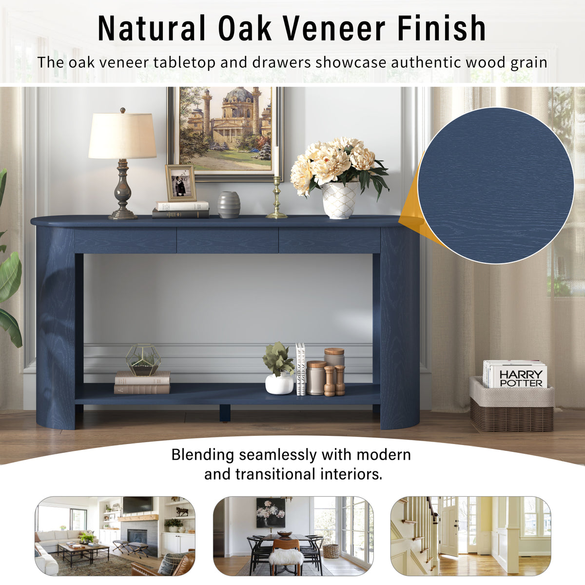 variant-group:rf-n711p395523c|Roomfitters Modern Farmhouse Navy Blue Oak Veneer Semi-Circular Console Table with 3 Drawers and Open Bottom Storage Shelf