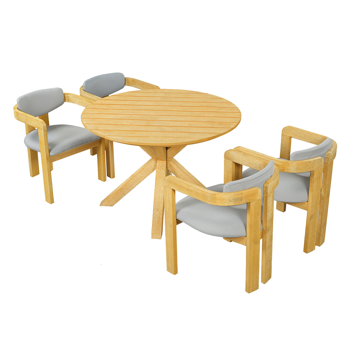variant-group:rf-n704g201258l|Roomfitters 5-Piece Outdoor Acacia Wood Round Dining Set with Ergonomic Barrel Armchairs Gray Cushions