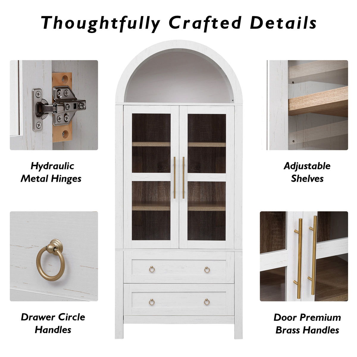 variant-group:rf-n707p288972w|Roomfitters 71" Pantry Cabinet with Arched Top and Glass Doors, 2 Storage Drawers and Adjustable Shelves for Kitchen, White