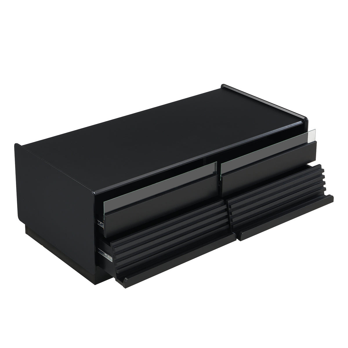 variant-group:rf-n724p286421b|Roomfitters Rectangle Coffee Table with Fluted Style, 4 Storage Compartments and Glass Display Shelves, Black