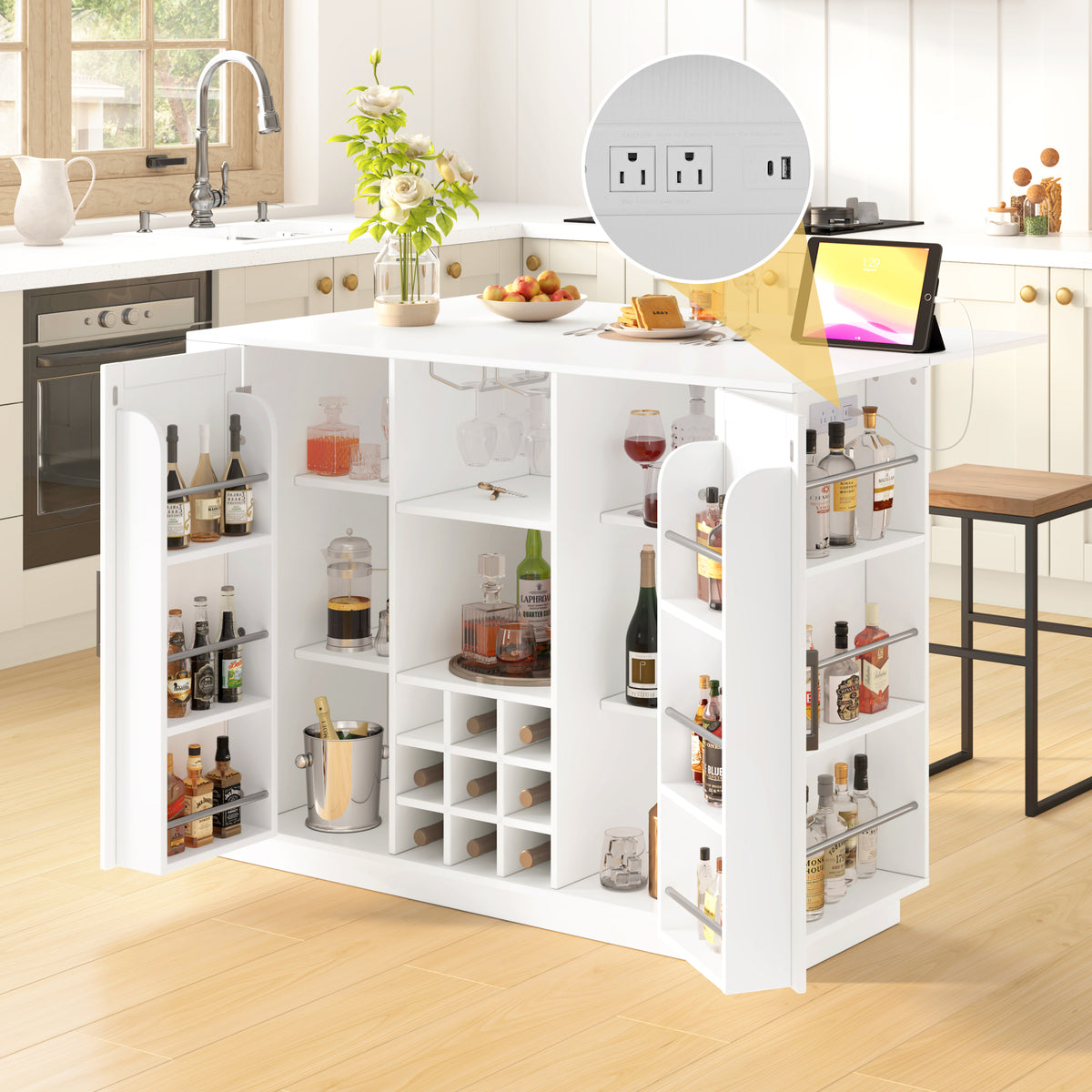 variant-group:rf-n711p437715k|Roomfitters 47.2-Inch Counter Height Bar Cabinet, White Sideboard Buffet Table, Foldable Drop Leaf, Built-In Power