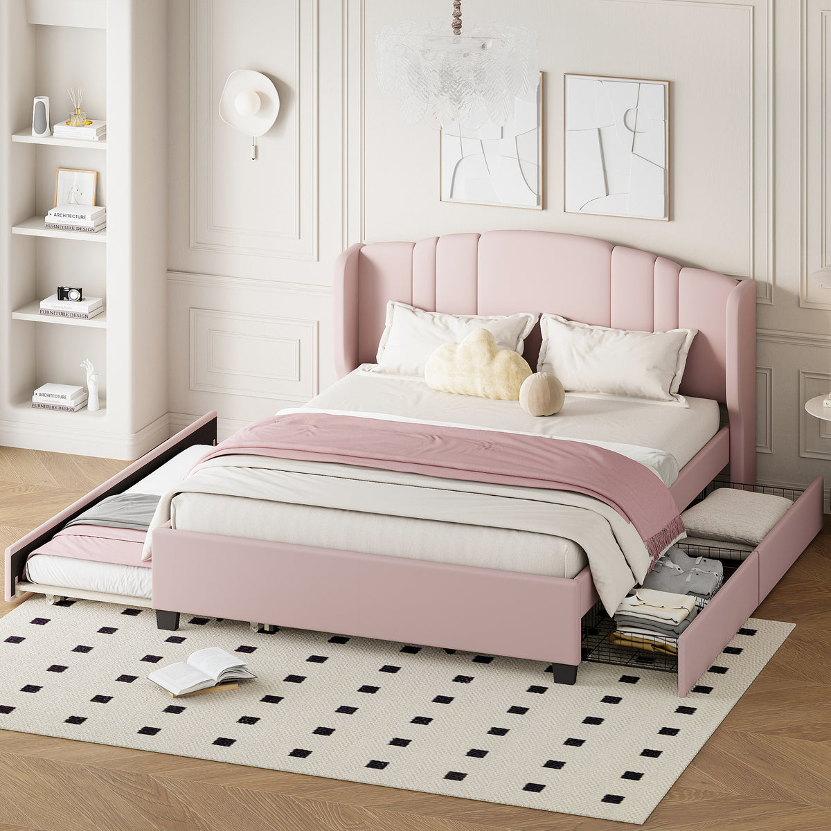 variant-group:rf-n733s208132h|Roomfitters Twin Size Trundle Upholstered Platform Bed with Wingback Headboard and 2 Drawers, No Box Spring Needed, Linen Fabric, Queen Size, Pink