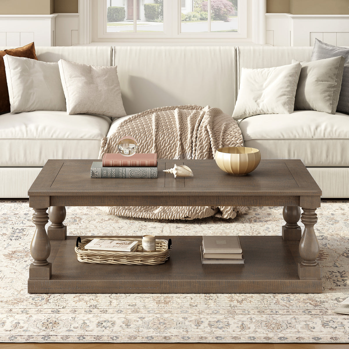 variant-group:rf-n711p407149d|Roomfitters Vintage Brown Pine Wood Coffee Table, Sculpted Vase Column Leg Cocktail Table, Living Room Statement Stand