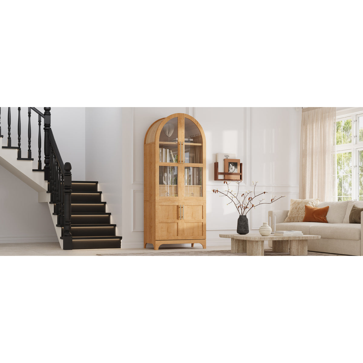 variant-group:rf-n707s288969y|Roomfitters 71" Pantry Cabinet with Arched Top & Glass Doors, 4-Door Storage Hutch with Adjustable Shelves for Kitchen, Natural