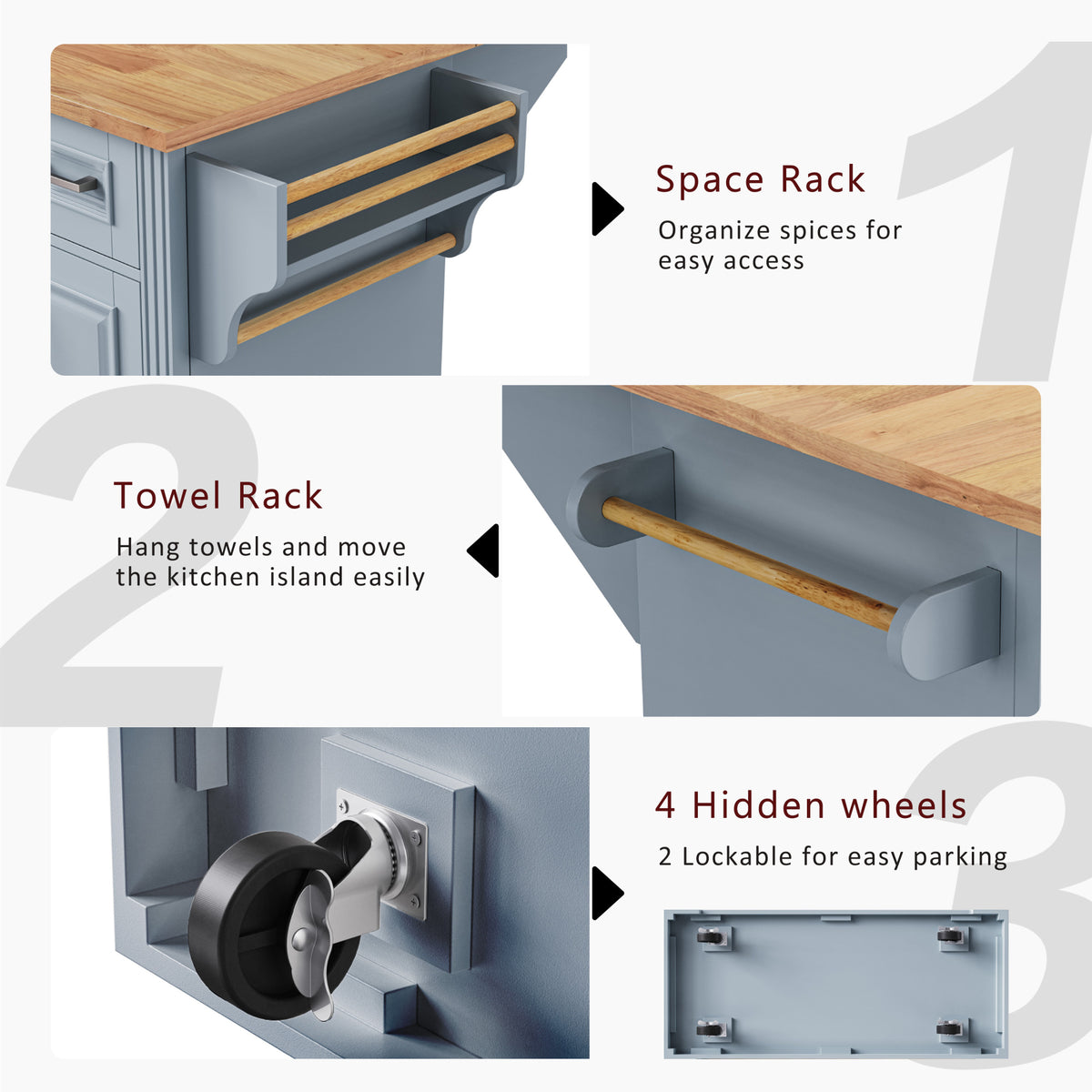 variant-group:rf-n707s195395g|Roomfitters 54" Kitchen Island with Wood Top, Rolling Storage Cabinet with 3 Drawers and 3 Doors, Spice Rack, Grey+Blue