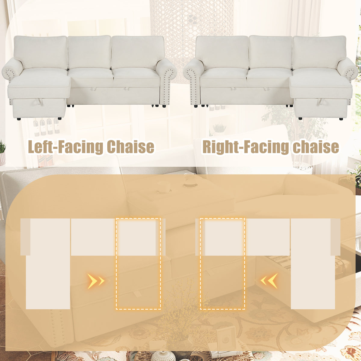 variant-group:rf-n711wy000466aaa|Roomfitters 95" Convertible Sectional Sleeper Sofa L-Shaped Couch with Storage Chaise and Pull Out Bed for Living Room, Beige