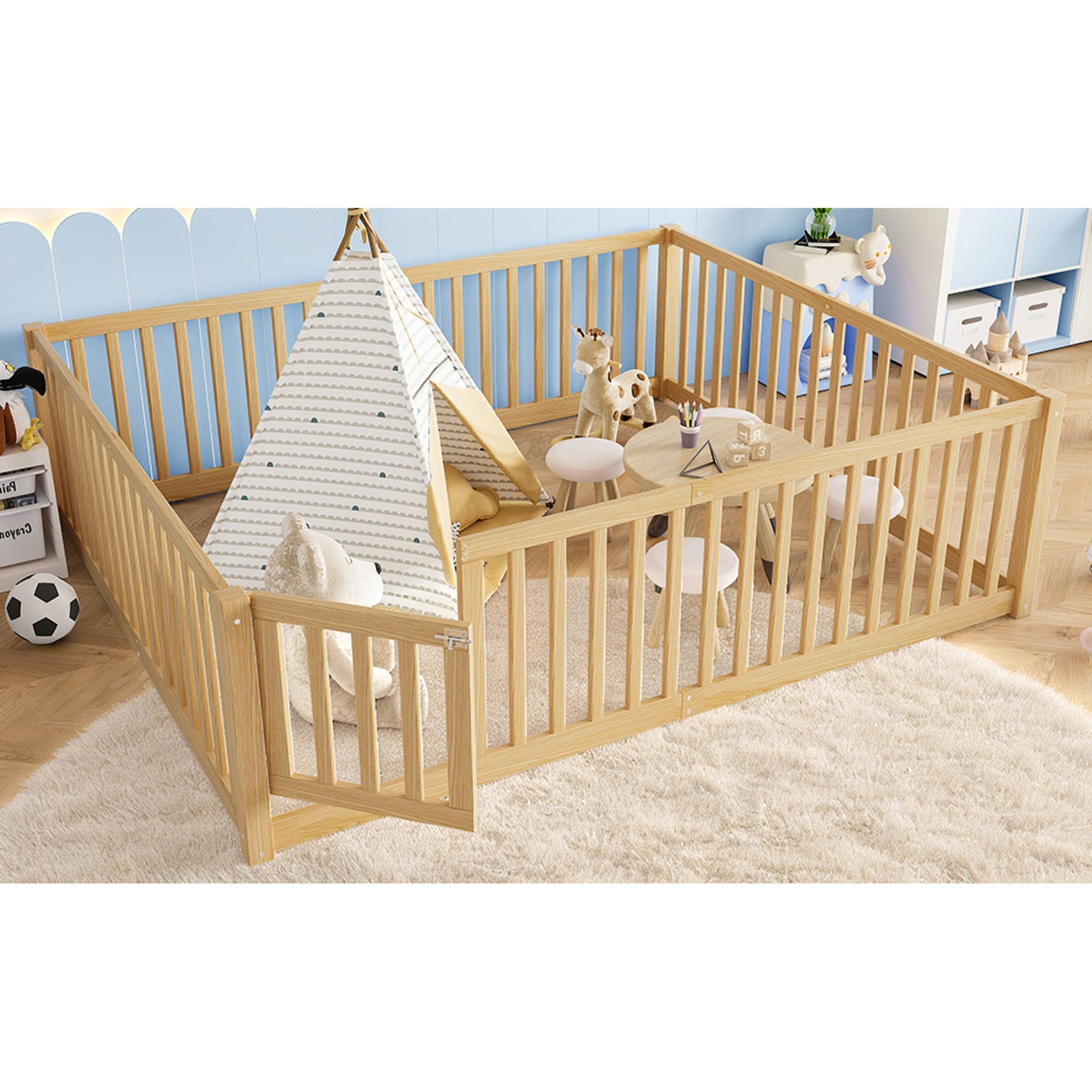 variant-group:rf-w1580p417673|Roomfitters Queen Size Wooden Floor Bed with Safety Guardrails Door, Solid Wood Low Profile Toddler Bed Frame, Natural