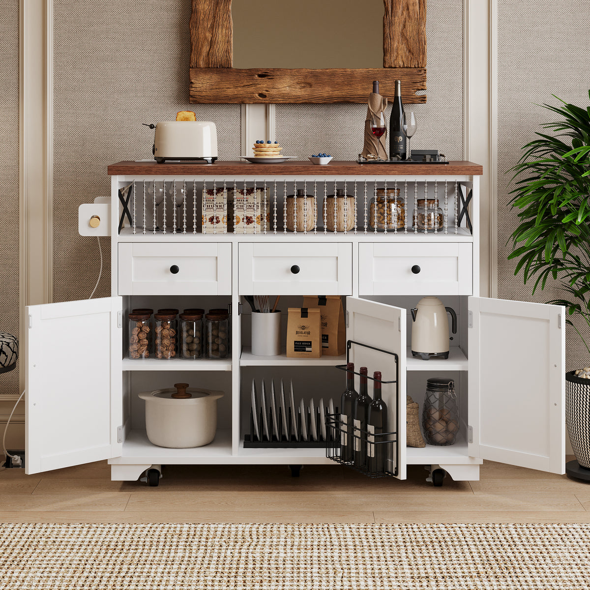 variant-group:rf-n707p254872w|Roomfitters 46.5" Rolling Kitchen Island with Drop Leaf, Mobile Cart with 2 AC Outlets & USB, Beaded Drape & 3 Drawers, White