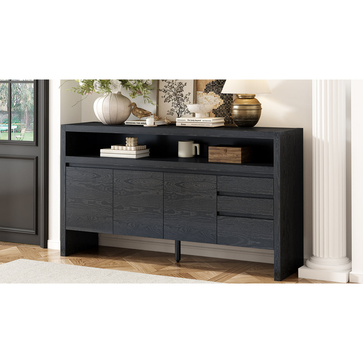 variant-group:rf-n711p289141b|Roomfitters 60" Modern Solid Wood Veneer Sideboard with 3 Doors & 3 Drawers, Open Shelf & Cable Cutout, Large Storage Cabinet for Dining, Hallway, Living Room, Black