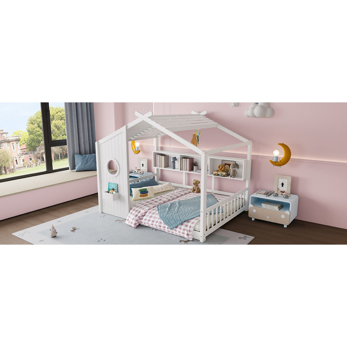 variant-group:rf-n733p335068k|Roomfitters Full Size Floor House Bed with Storage Shelf and Roof Design, Montessori Playhouse Bed, White