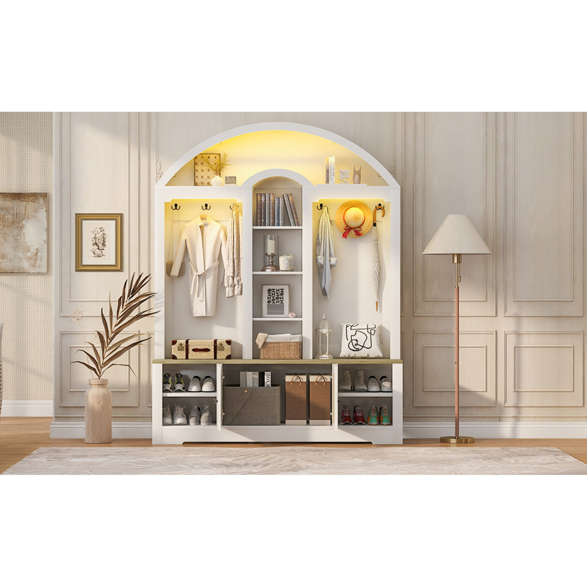 variant-group:rf-n724sj000158aak|Roomfitters Multi-Functional Curved Entrance Wardrobe, Hall Tree, White & Walnut