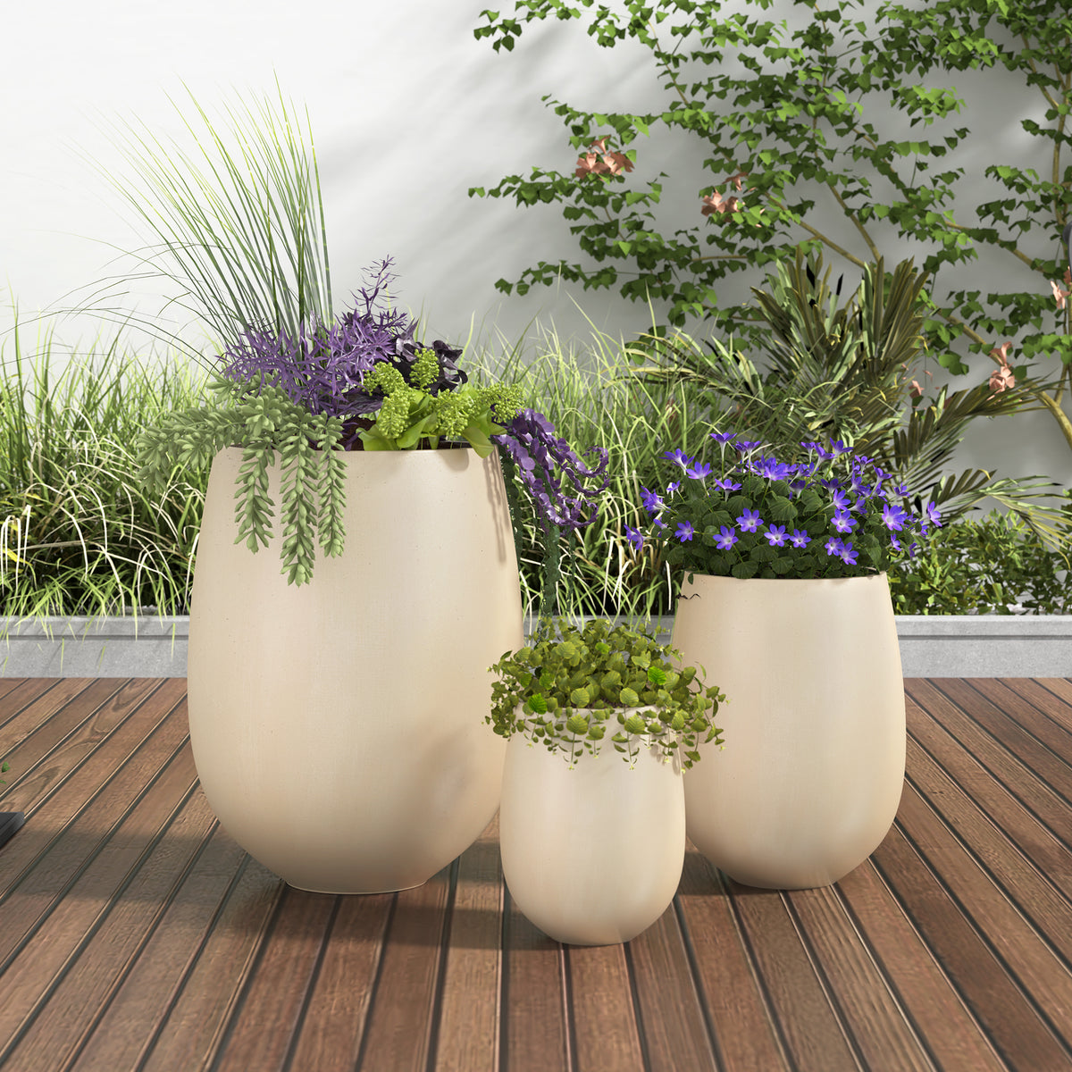 variant-group:rf-n711p406658a|Roomfitters Lightweight Round MGO Planter Set, 3-Piece Graduated Outdoor Flower Pots, Beige Weather-Resistant Urns