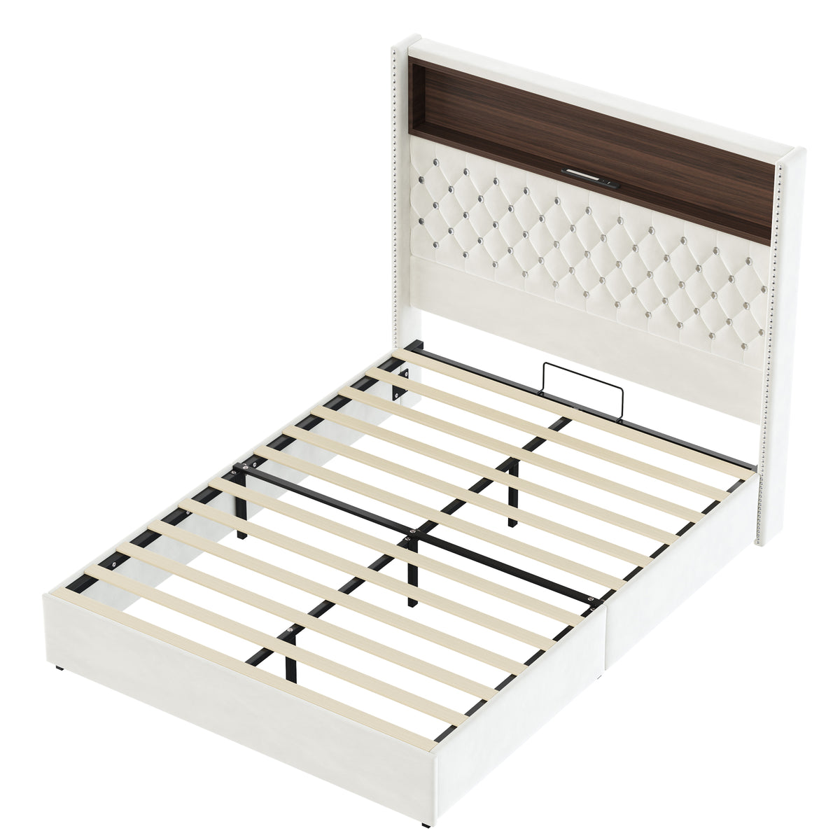 variant-group:rf-n733p368653a|Roomfitters Full Velvet Tufted Platform Bed with Charging Ports, Tall Wingback Headboard with Rivet Trim and Shelf, Beige