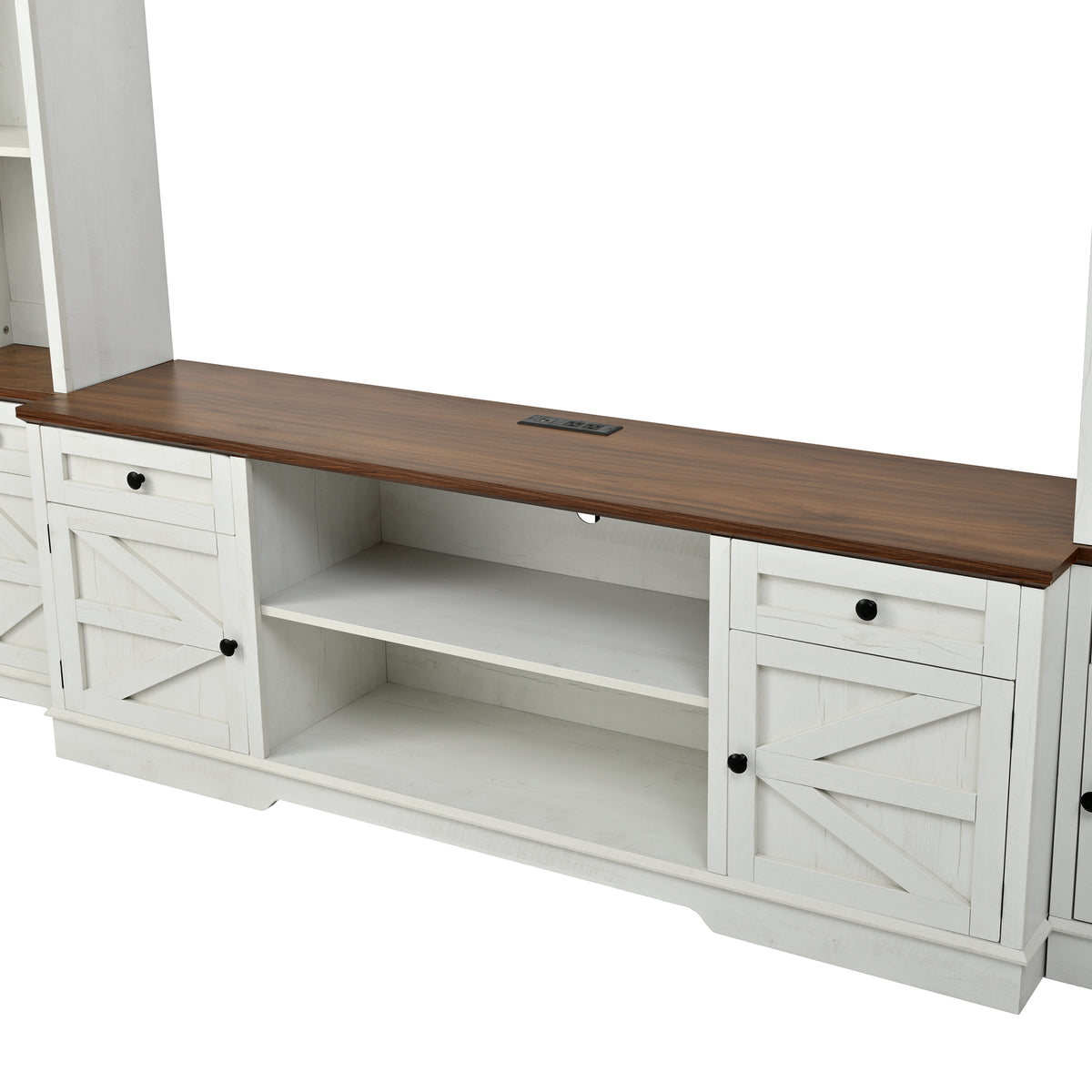 variant-group:rf-n724sj000154aak|Roomfitters 98.8"W Farmhouse Wall Unit Entertainment Center, 4 Barn Doors, White & Walnut