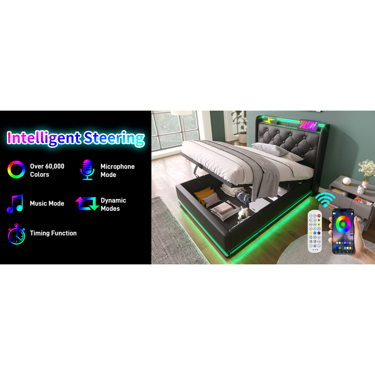 variant-group:rf-n736p188805b|Roomfitters Twin Size Upholstered Storage Bed with USB Type-C Charging and Remote Control, Faux Leather Black