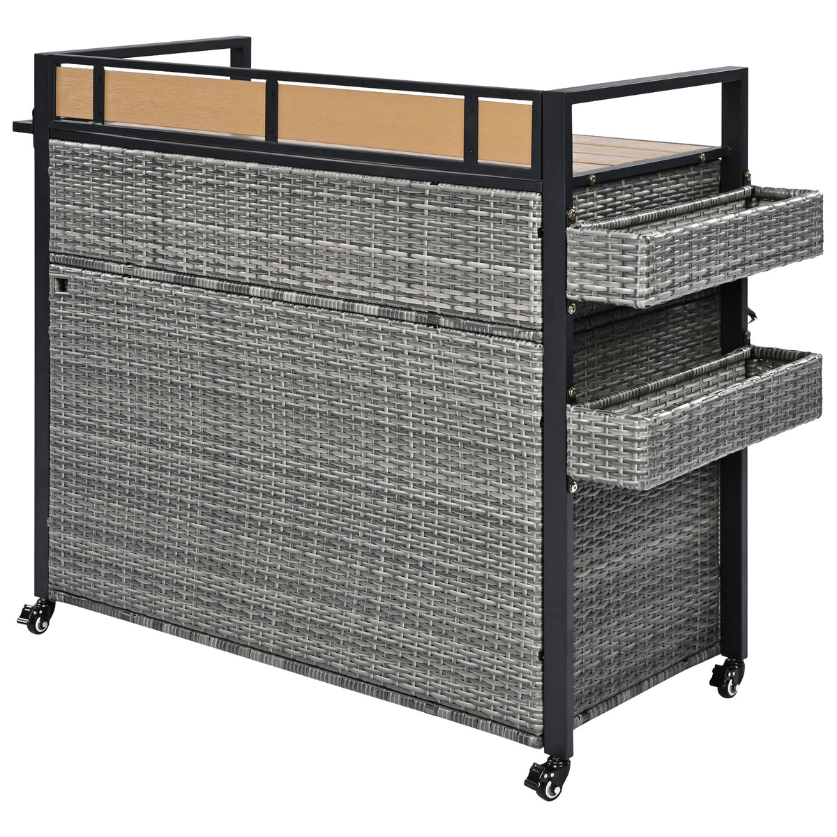 variant-group:rf-n707p233747g|Roomfitters 52.8" Wicker Outdoor Grill Cart with Plastic Wood Table, Rolling Island with Storage Cabinet, Double Handles, Grey