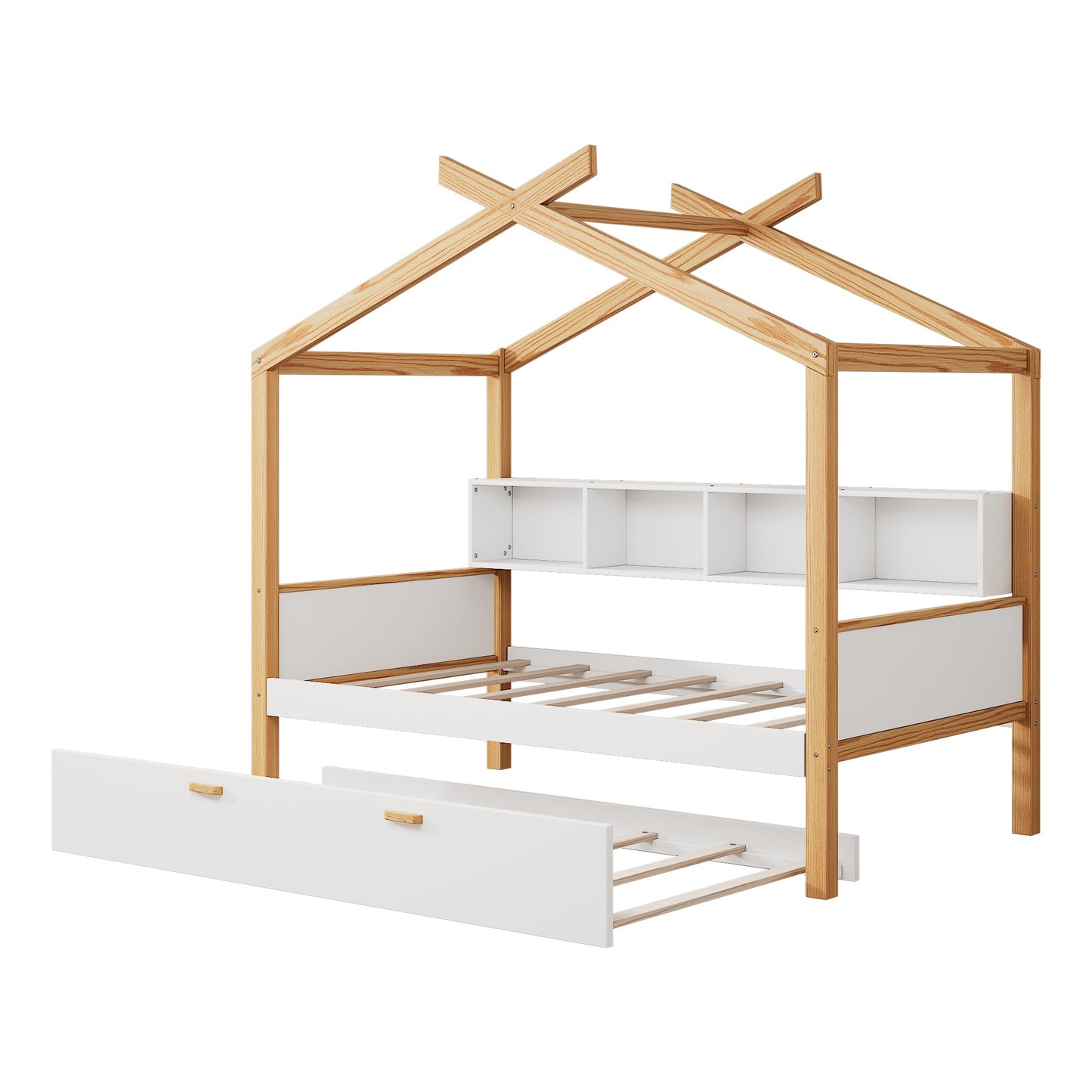 Roomfitters Twin Size Wooden House Bed Frame with Twin Trundle, Bookshelf Storage Furniture, No Box Spring, White Natural Roomfitters