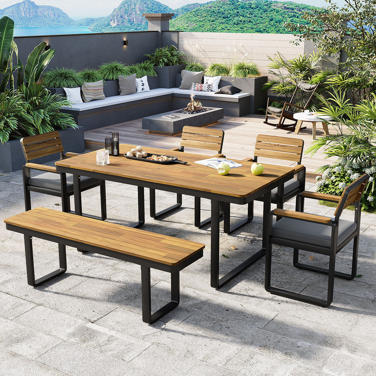 variant-group:rf-n704g201255e|Roomfitters 6-Piece Solid Acacia Wood Patio Dining Set with Steel Frames and Cushion Chairs Gray