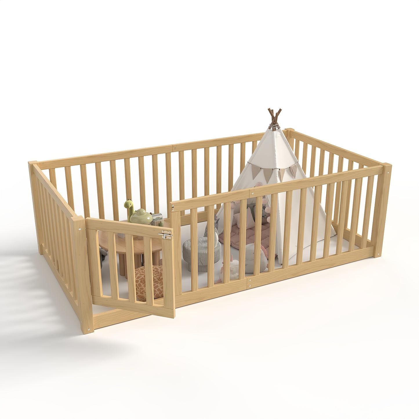 variant-group:rf-w1580p417669|Roomfitters Twin Size Wooden Floor Bed with Safety Guardrails Door, Solid Wood Low Profile Toddler Bed Frame, Natural