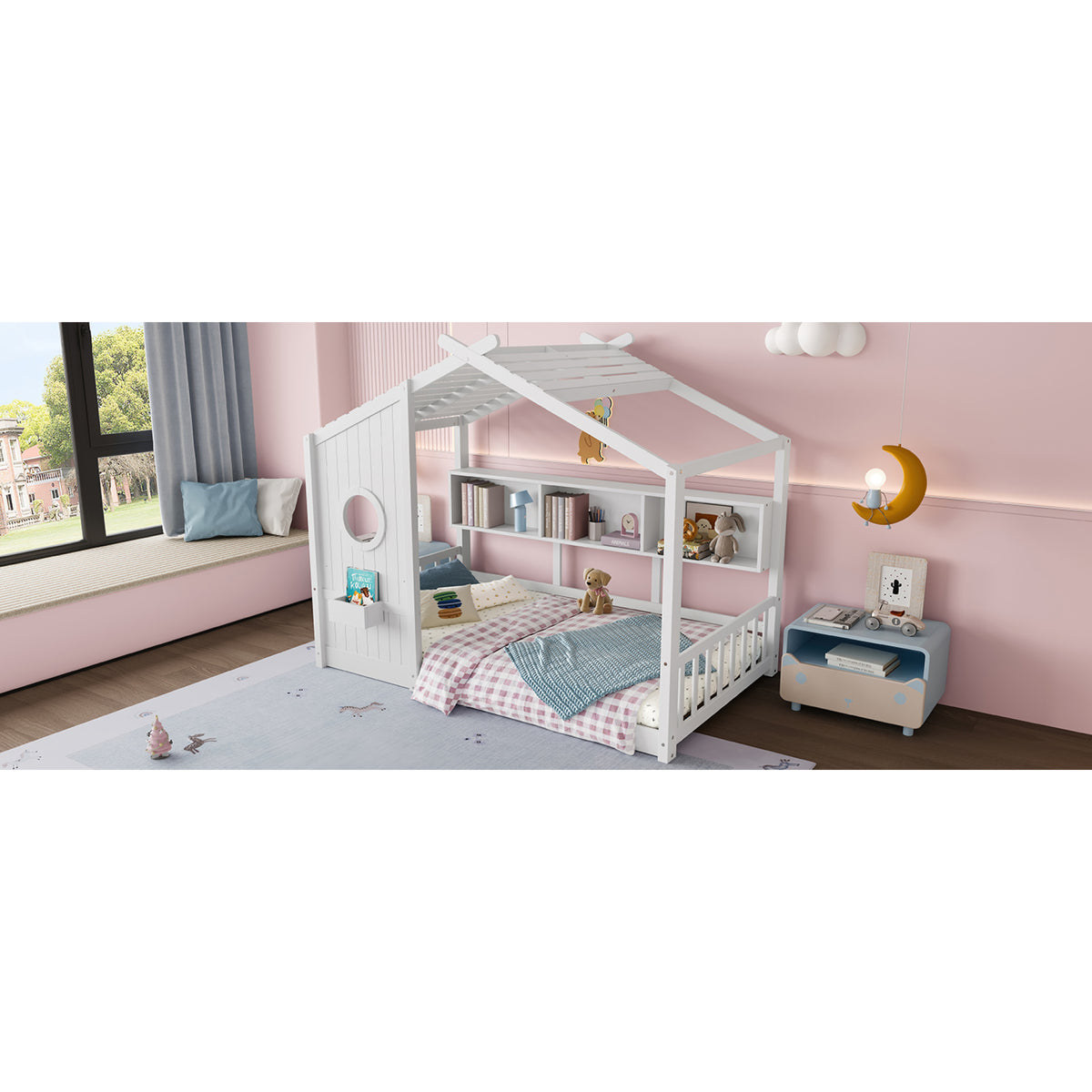 variant-group:rf-n733p335064k|Roomfitters Twin Size Floor House Bed with Storage Shelf and Roof Design, Montessori Playhouse Bed, White