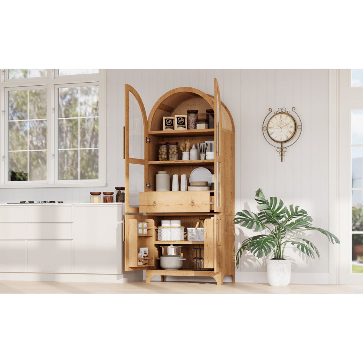 variant-group:rf-n707s288969y|Roomfitters 71" Pantry Cabinet with Arched Top & Glass Doors, 4-Door Storage Hutch with Adjustable Shelves for Kitchen, Natural