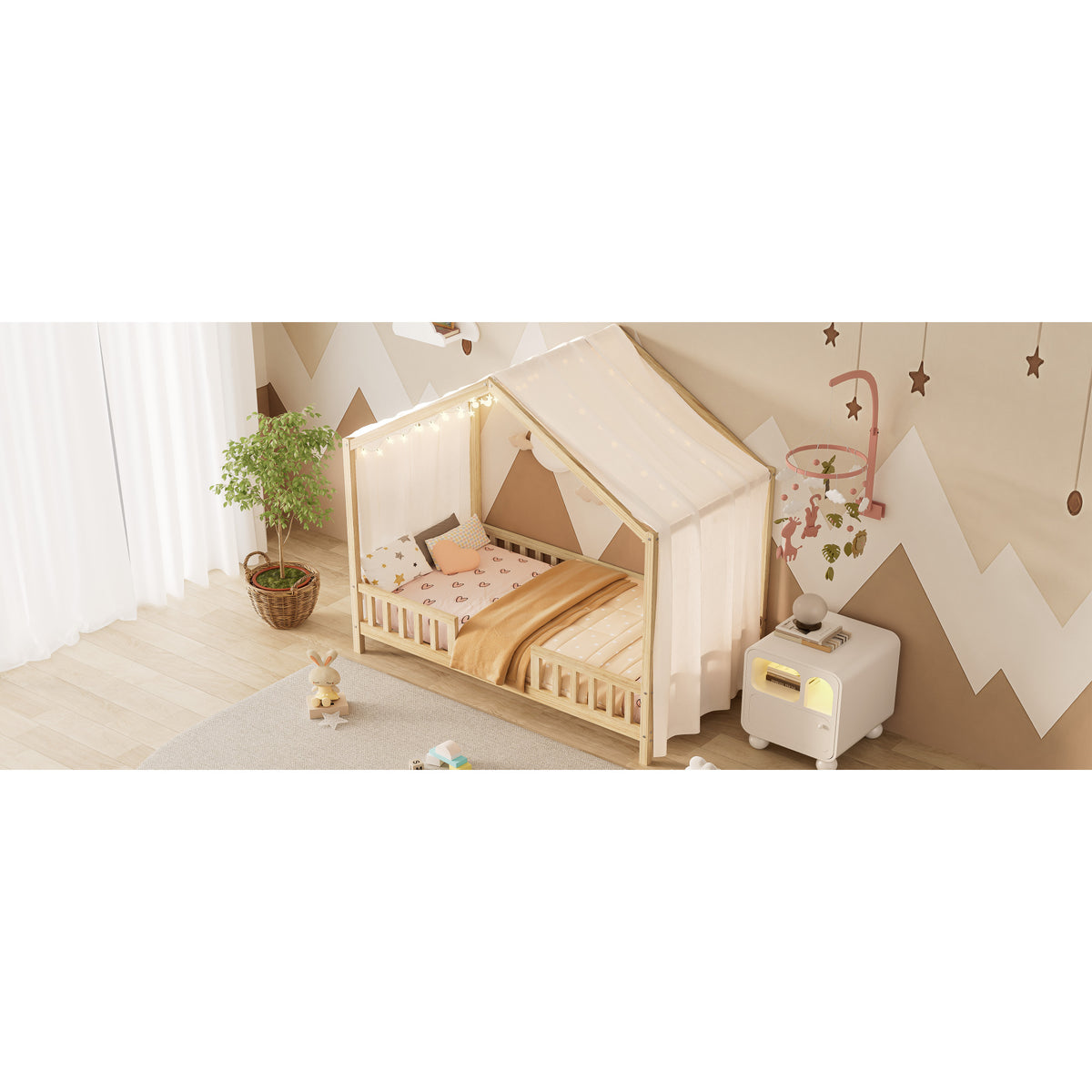 variant-group:rf-n733p356043m|Roomfitters Twin Montessori Floor Bed with Canopy, House Shape Wood Frame with Safety Rails, Youth Platform Bed, Natural