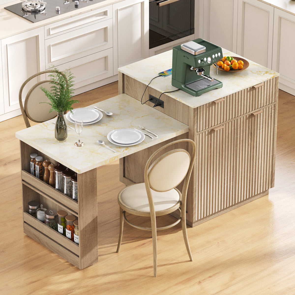 variant-group:rf-n707s000018y|Roomfitters 82.6" Fluted Kitchen Island with 51" Extendable Dining Table for 4-6, Power Outlet, Natural
