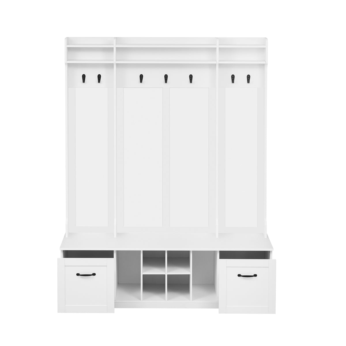 variant-group:rf-n724p235232k|Roomfitters 5-in-1 Entryway Bench with Coat Rack, Hooks, Drawers and Adjustable Shelves, Hall Tree for Hallway or Living Room, White