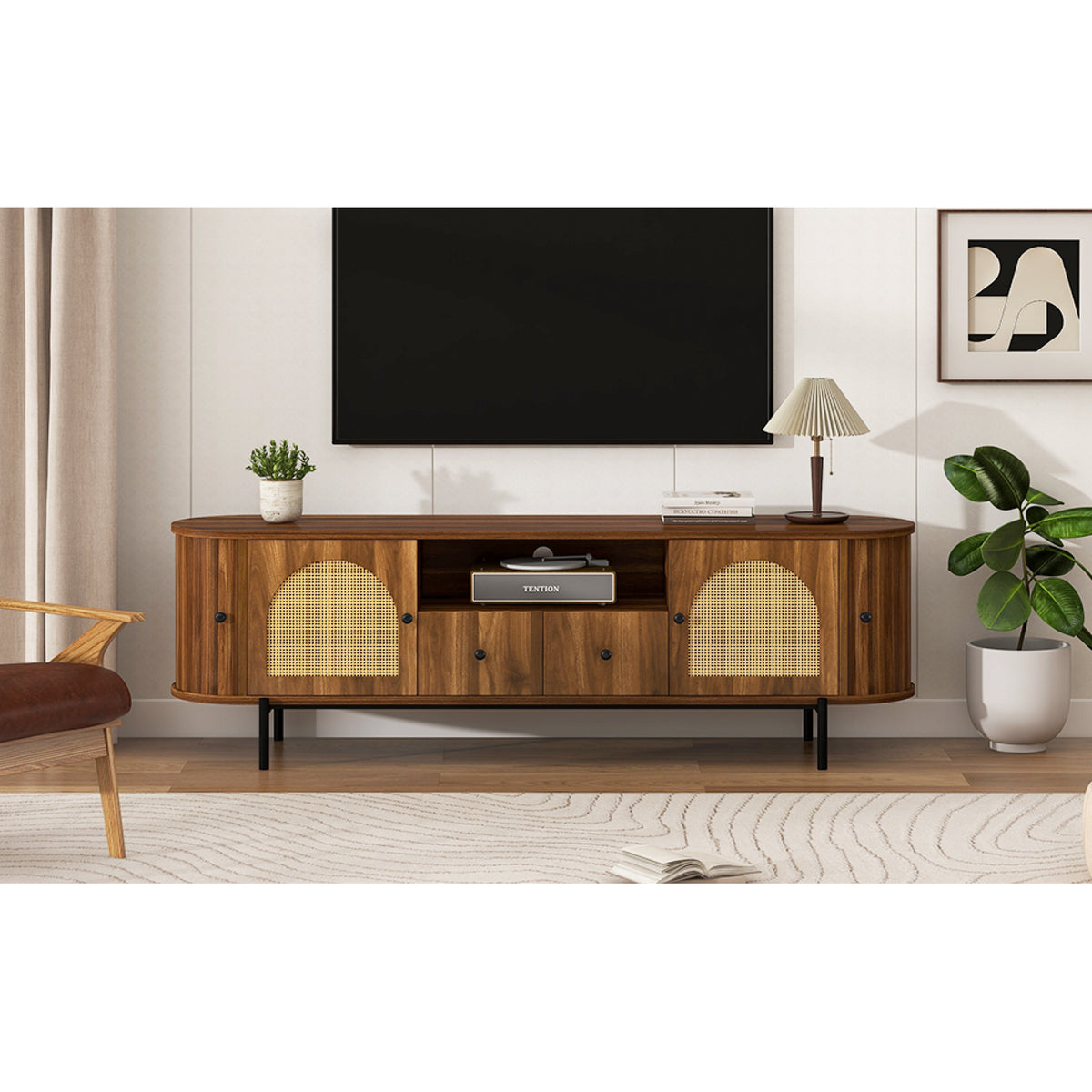 variant-group:rf-n724p437189m|Roomfitters American Style TV Stand with Rattan Arched Doors, Steel Legs, Antique Brown