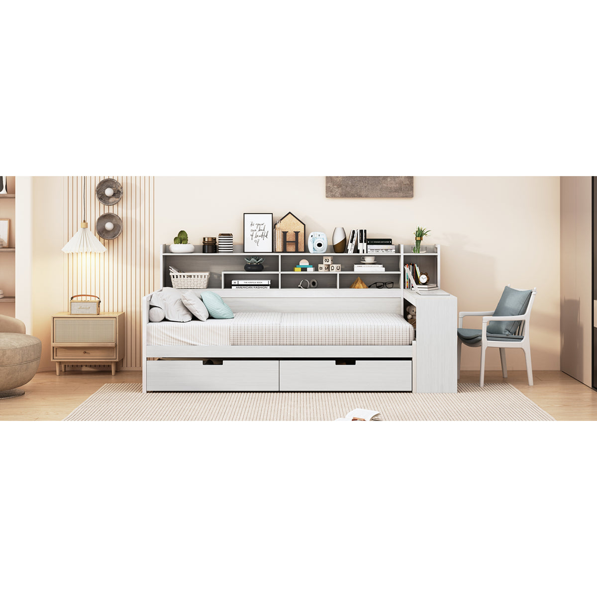 variant-group:rf-n733s241484k|Roomfitters Wooden Twin Size Daybed with Storage Shelves, Multi-functional Bed with Two Storage Compartments and Study Desk, Antique White