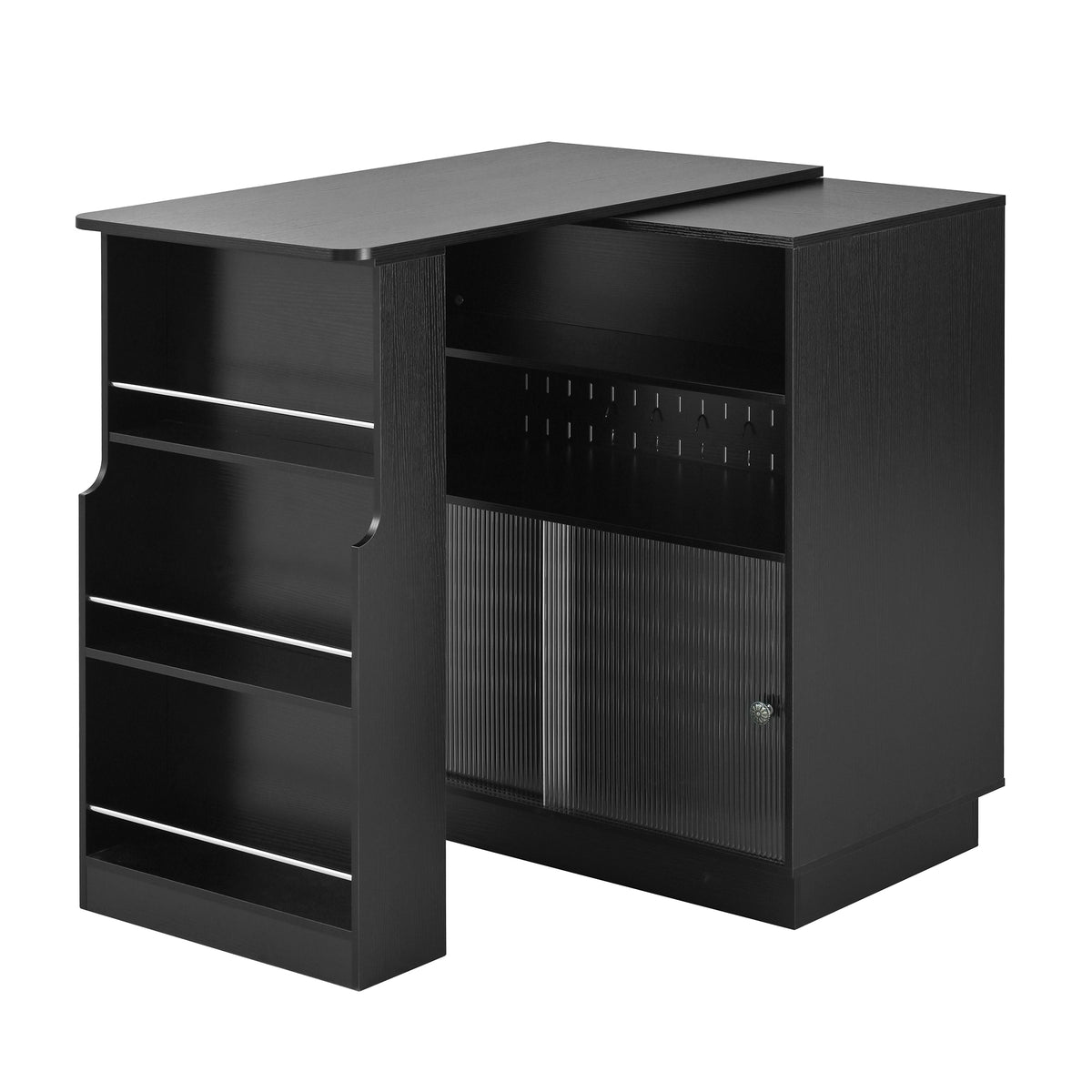 variant-group:rf-n711p437809b|Roomfitters Black MDF Counter Height Kitchen Island Sideboard Cabinet, Extendable Table, Acrylic Sliding Doors