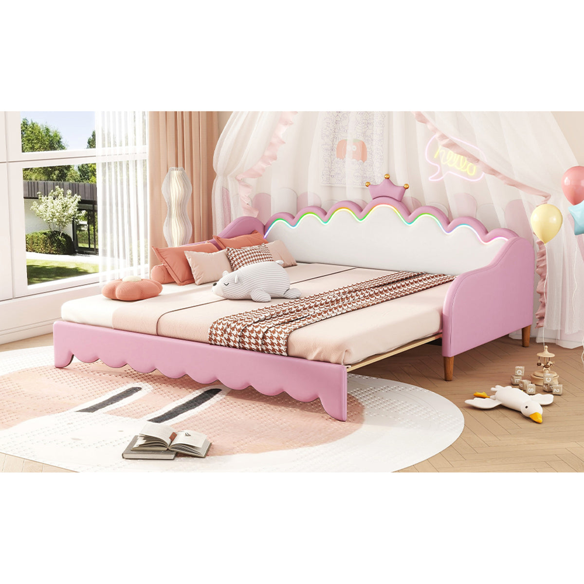 variant-group:rf-n733hl000104aah|Roomfitters Twin Extending Daybed with Lights, Modern Upholstered Princess Daybed Featuring Crown Headboard, Elegant and Practical Design, Pink
