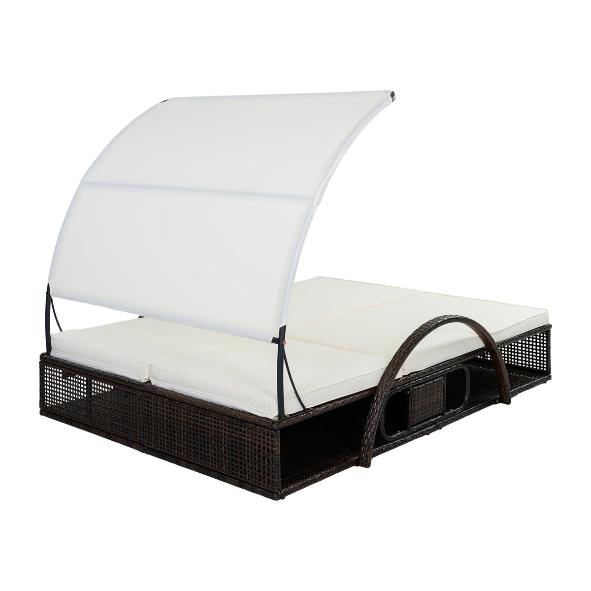 variant-group:rf-n711wy000485aaa|Roomfitters Beige HDPE Wicker Outdoor Double Sunbed, Steel Frame Patio Chaise, Hidden Side Tables, Canopy Shade