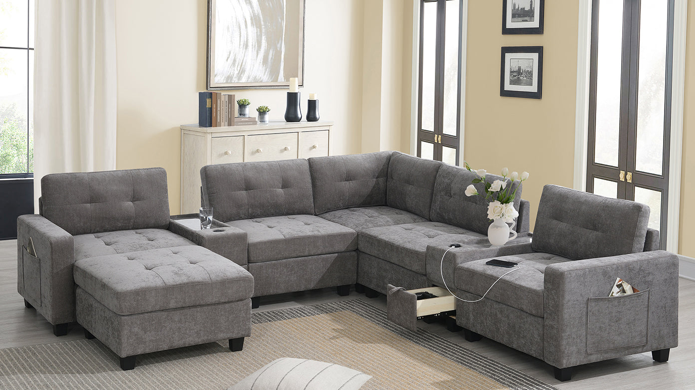 variant-group:rf-n723s1191e|Roomfitters 104 Inch Modular Sectional Sofa with Console and Cup Holders, Upholstered L-Shape Couch for Home Decor, Gray