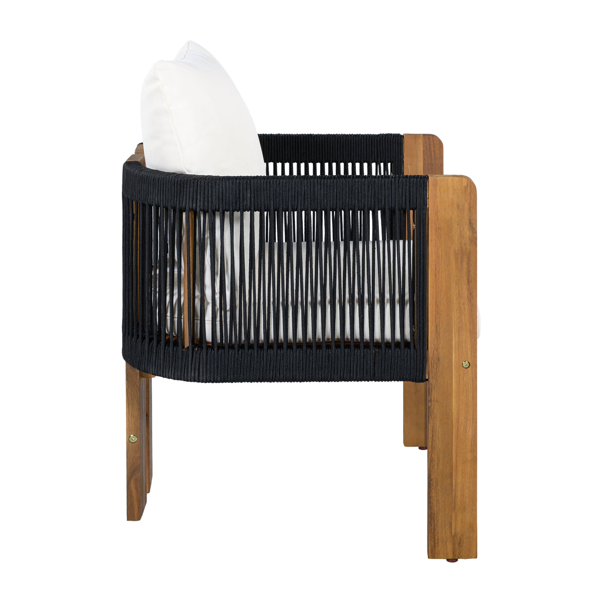variant-group:rf-n711wy000496aab|Roomfitters 5-Piece Rope Woven Outdoor Dining Set, Farmhouse Solid Acacia Table, 4 Chairs Pack, Black and Brown