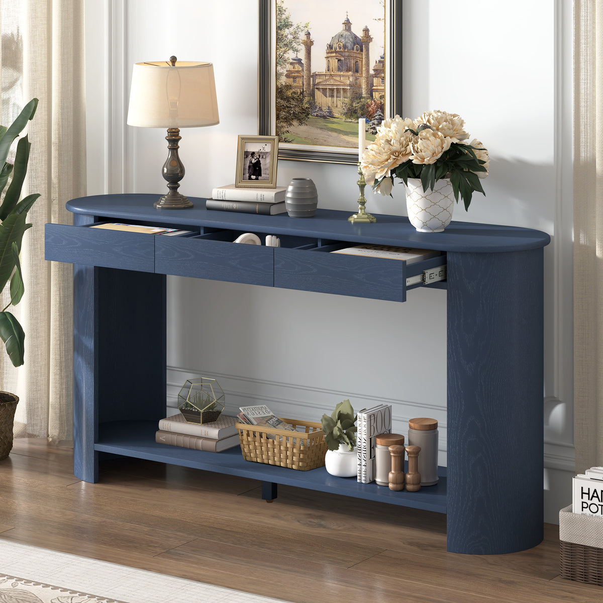 variant-group:rf-n711p395523c|Roomfitters Modern Farmhouse Navy Blue Oak Veneer Semi-Circular Console Table with 3 Drawers and Open Bottom Storage Shelf