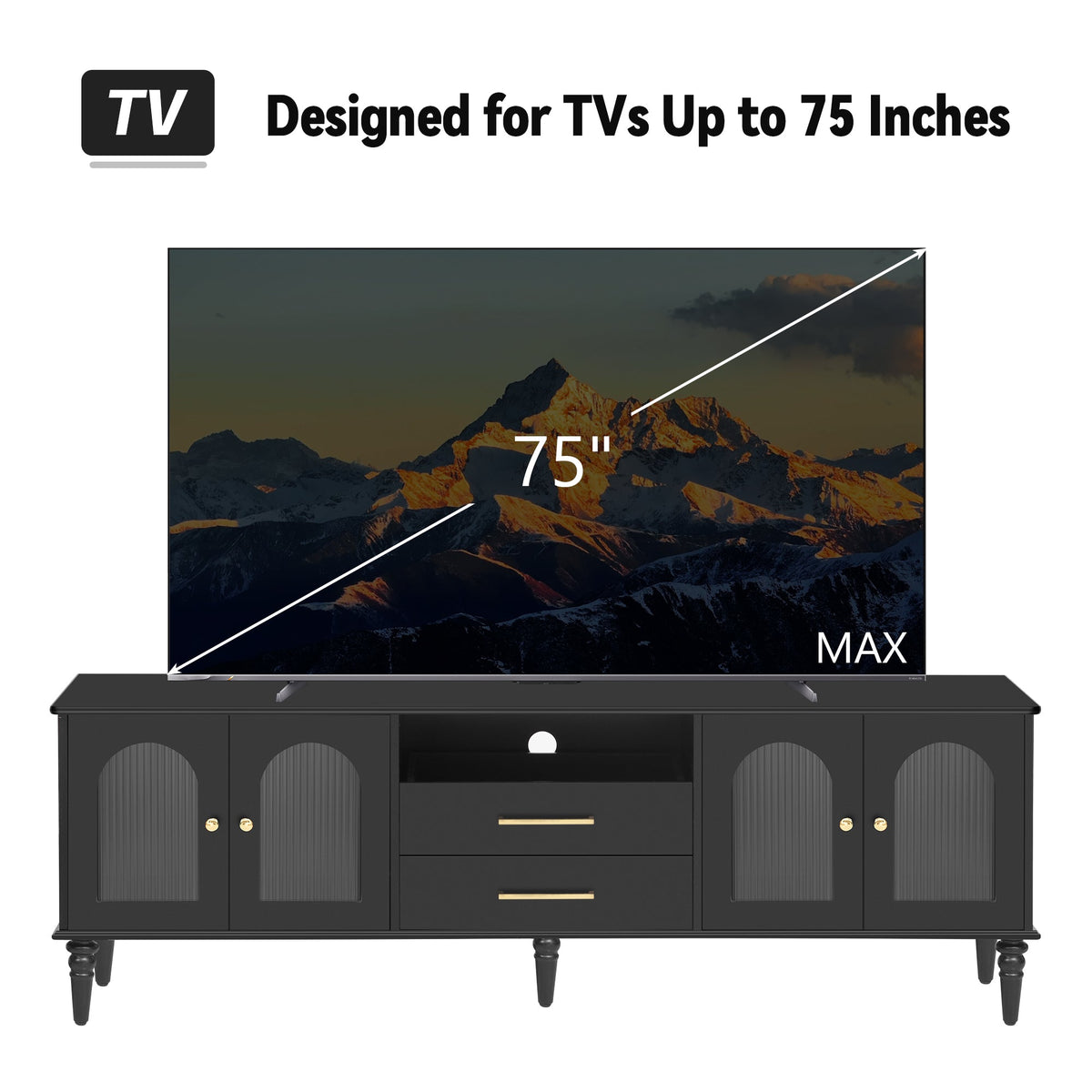 Roomfitters Retro TV Stand for up to 75 Inch TV, Fluted Glass Door Media Console with Five Wood Legs, Black Roomfitters