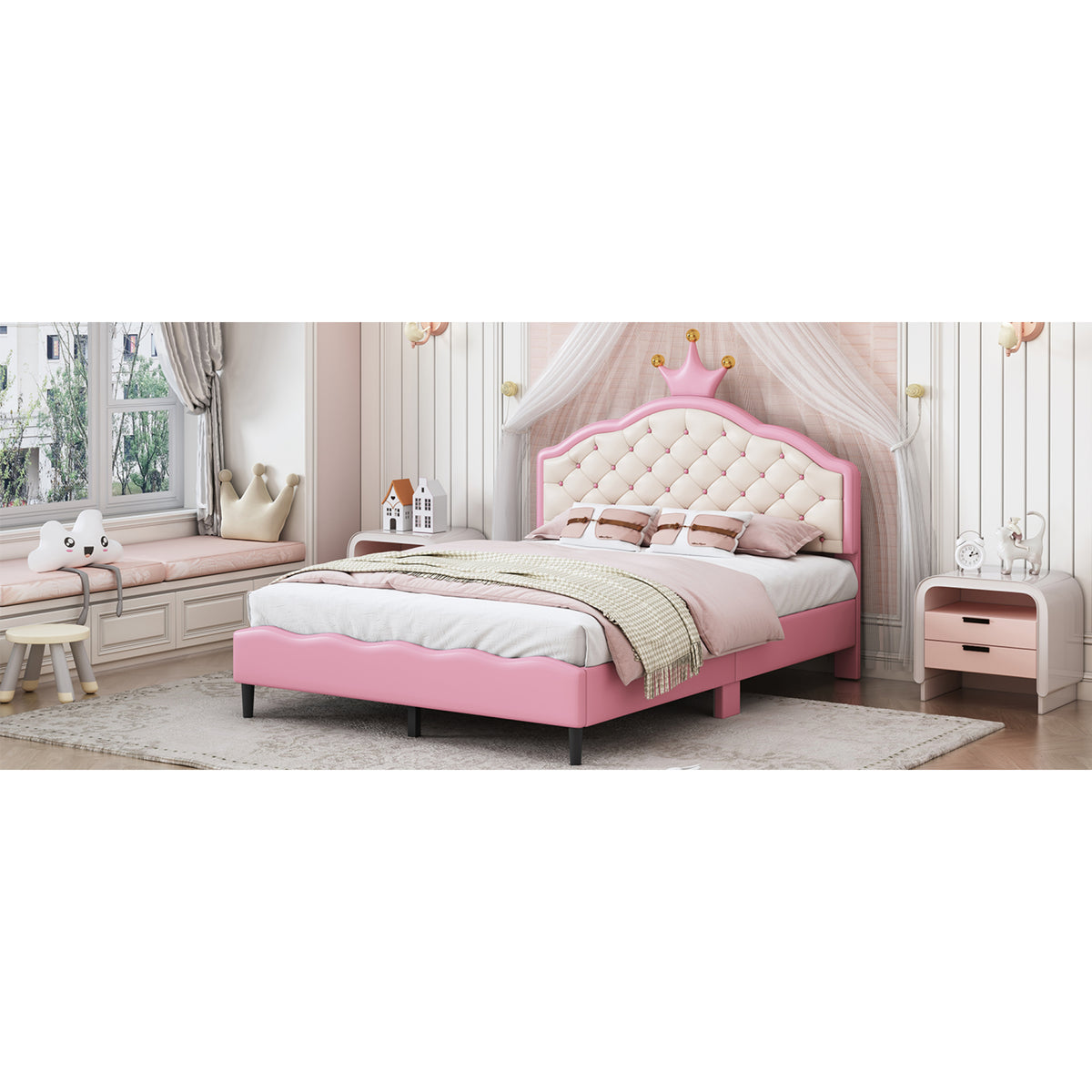 variant-group:rf-n733p198762h|Roomfitters Full Size Upholstered Princess Bed with Crown Design, Elegant PU Leather Platform Bed with Tufted Headboard for a Stylish Bedroom, Pink + Cream