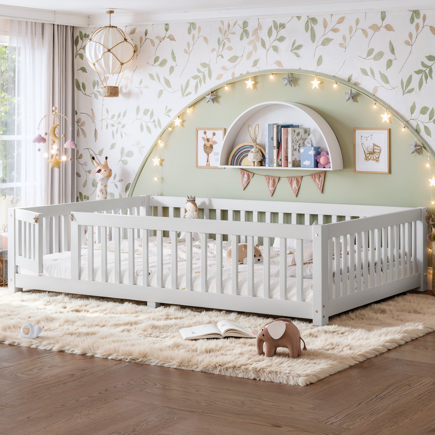 variant-group:rf-w1580p462324|Roomfitters Queen Size Wooden Floor Bed Frame with Safety Guardrails Door, Solid Wood Low Profile Toddler Play Bed, White