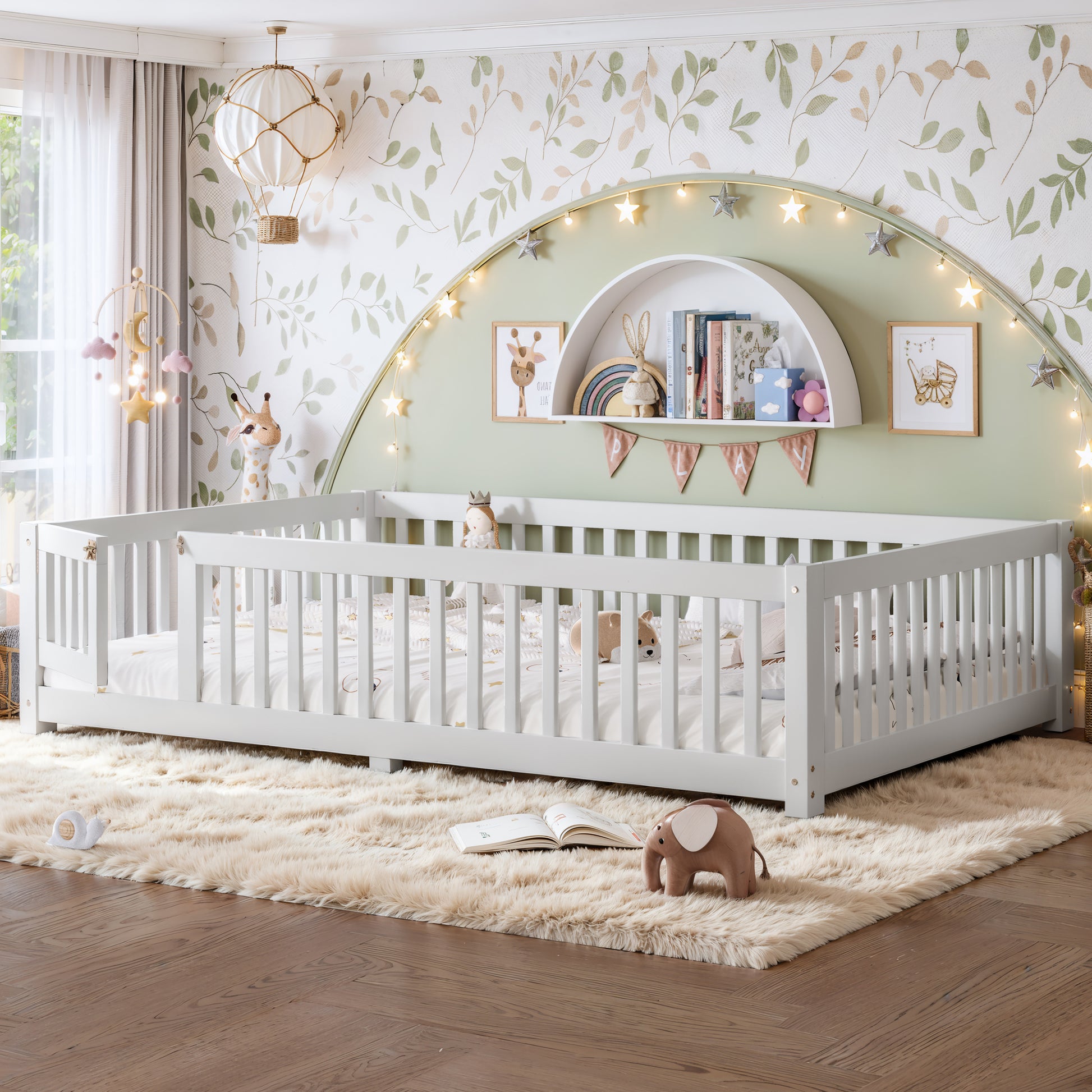 variant-group:rf-w1580p462324|Roomfitters Queen Size Wooden Floor Bed Frame with Safety Guardrails Door, Solid Wood Low Profile Toddler Play Bed, White