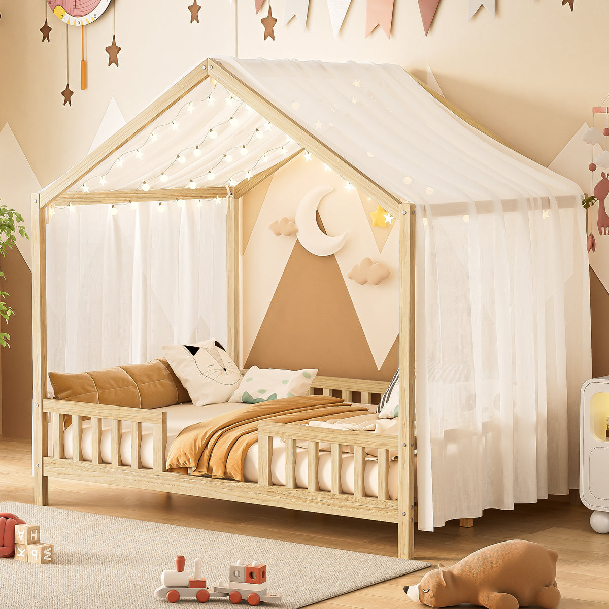 variant-group:rf-n733p356048m|Roomfitters Full Montessori Floor Bed with Canopy, House Shape Wood Frame with Safety Rails, Platform Bed, Natural