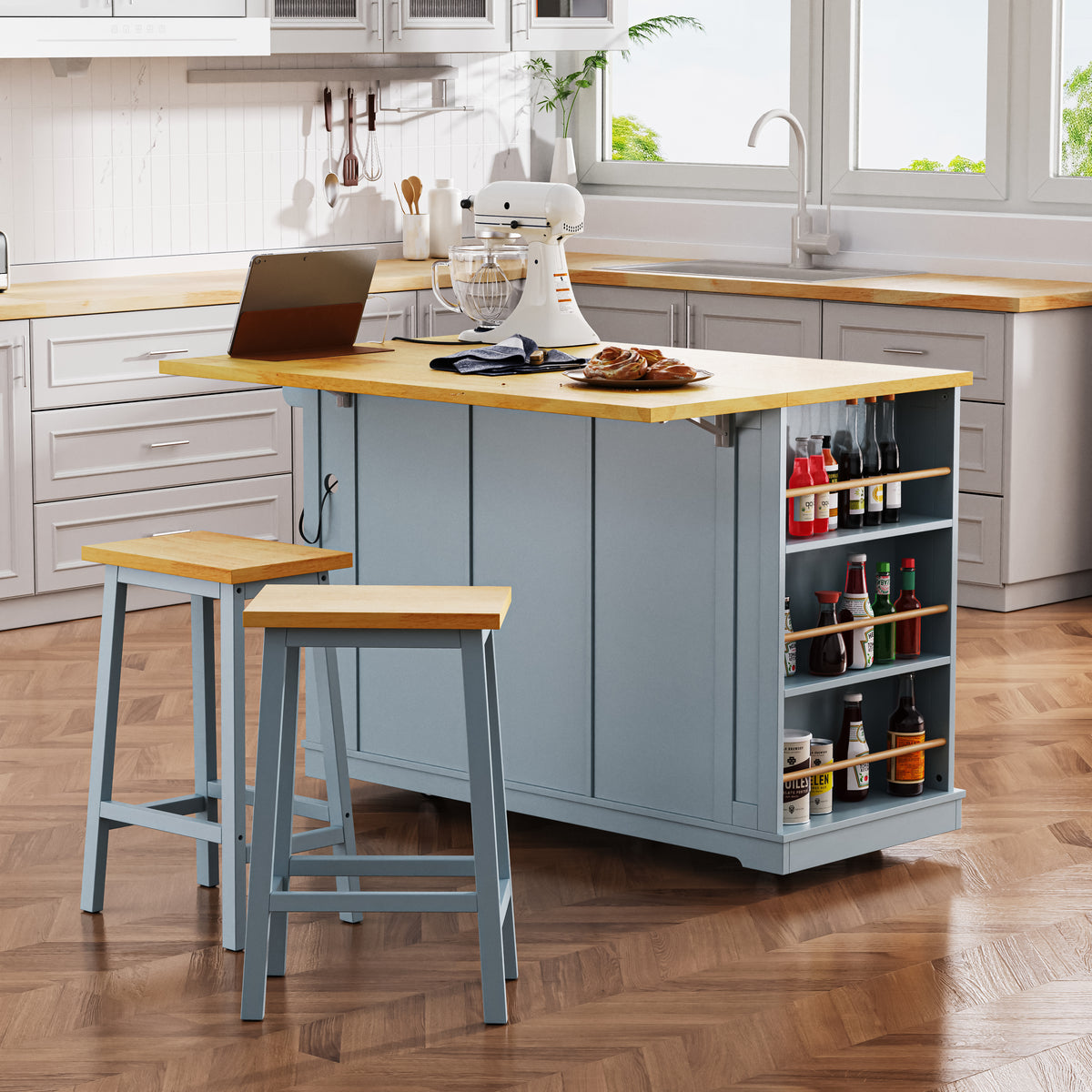 variant-group:rf-n707s003007g|Roomfitters 53" Kitchen Island with 2 Bar Stools, Drop Leaf, Power Outlet, Rolling Kitchen Cart Set with Storage, Grey-Blue