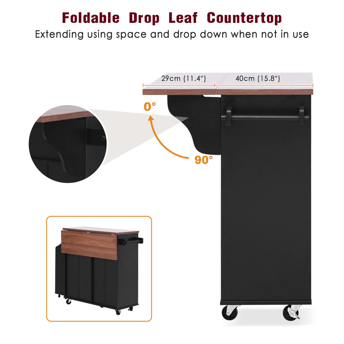 variant-group:rf-n707p307296b|Roomfitters 47.2" Farmhouse Kitchen Island with Drop Leaf, Tilt Trash Can Cabinet, Removable Mobile Side Racks, Black