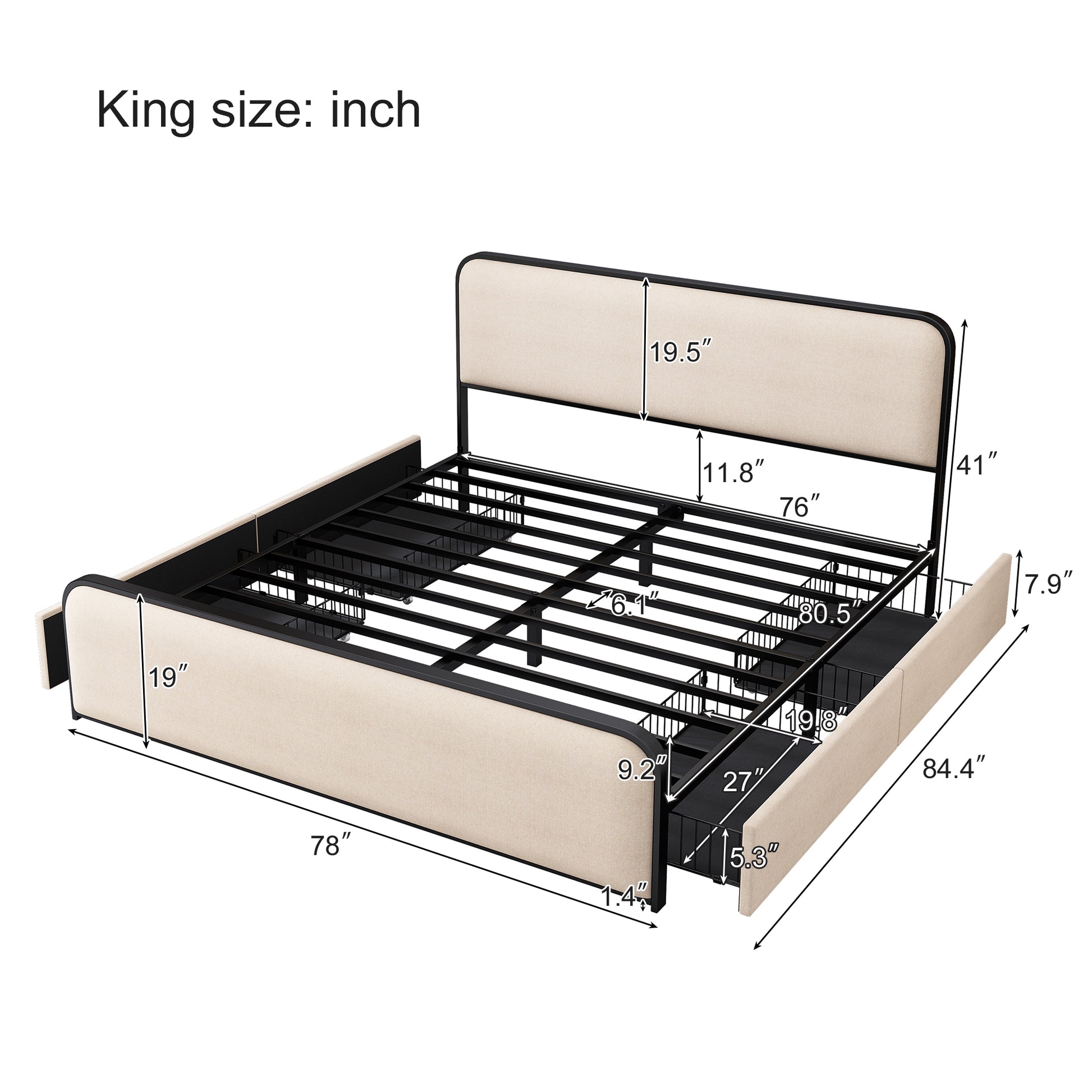 variant-group:rf-n701p229017b|Roomfitters King Size Metal Bed Frame, Curved Upholstered Headboard and Footboard, Built-In Storage Base, Heavy Duty Slats, Beige