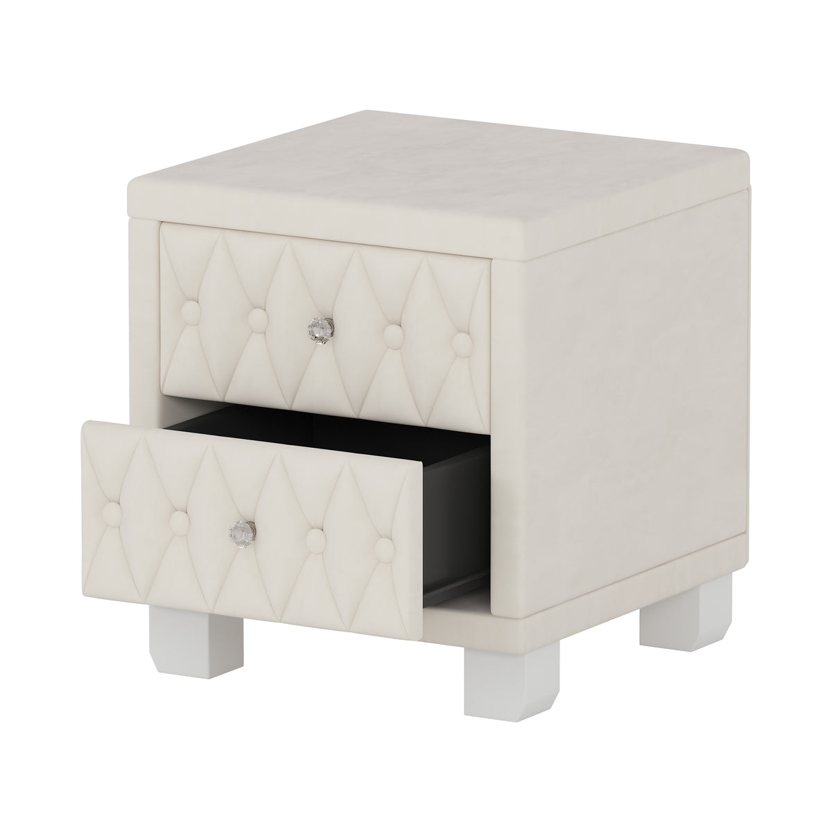 variant-group:rf-n733p210398a|Roomfitters Velvet Nightstand with Crystal Handles, Button-Tufted Upholstered Bedside Table with Two Storage Compartments, Beige